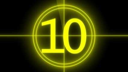 Yellow Neon Number 10 in Film Countdown Circle with Crosshairs on Black abstract animation