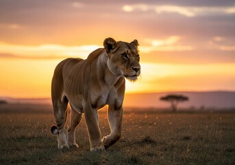A lioness walking in the african savanna at sunset with a tree in the background in golden light