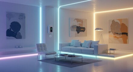 Modern living room interior design with LED lighting for futuristic home decor ideas and stylish elegant apartment concepts with abstract art and smart home devices