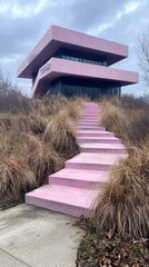 A vibrant pink staircase ascends a grassy hill towards a contemporary pink building with dark windows, set against a cloudy sky.