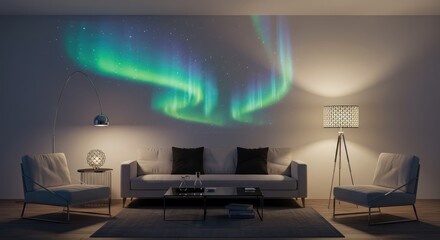 Bring the Aurora Indoors Stunning Scandinavian Interior Design with Northern Lights Projection for Cozy Nights and Peaceful Relaxation at Home