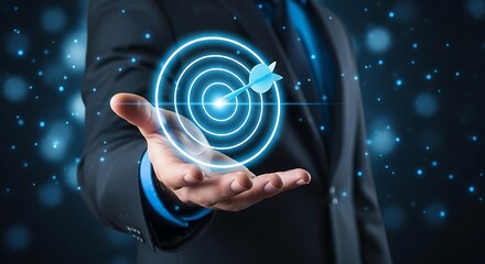 Man in suit presenting digital target with arrow representing success achievement
