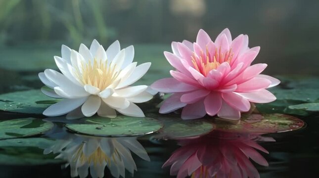 White and Pink Lotus Duo Blooming Together