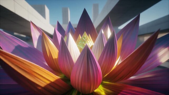A surreal, giant, multi-colored lotus flower blossoming in a stark, modern cityscape under a blue sky.