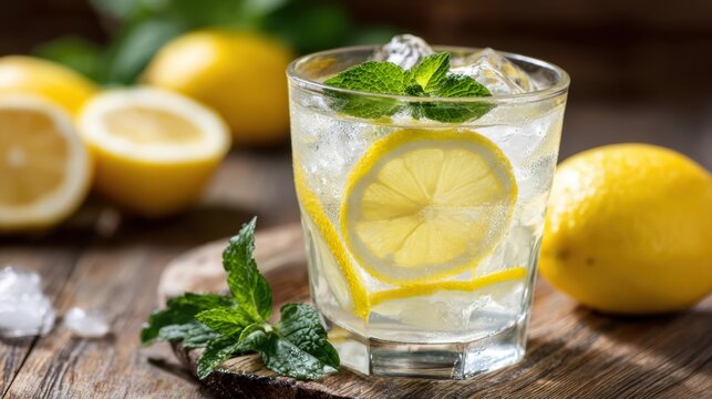 A clear glass holds cold lemonade with ice and fresh mint leaves. Slices of lemon float in the drink. Fresh lemons and mint leaves surround the glass on a rustic wooden table.
