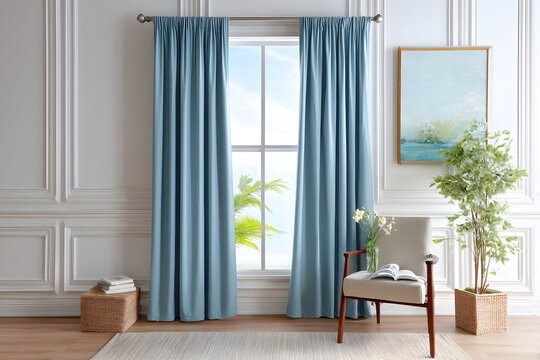 a front view of a comfortable living room, with light blue country-printed blackout curtains as the main body. 