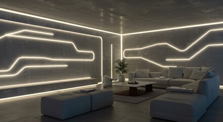 Relax in this modern living room with stunning neon lighting accents creating a vibrant and elegant atmosphere, perfect for contemporary lifestyle designs