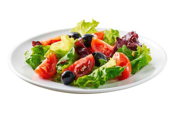 Fresh salad on a white plate with tomatoes and olives