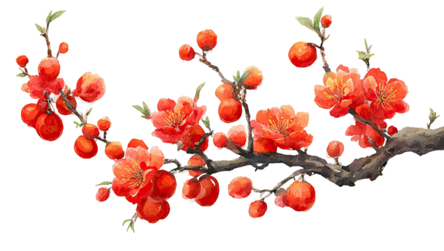 Blooming branches with vibrant red blossoms on a dark background