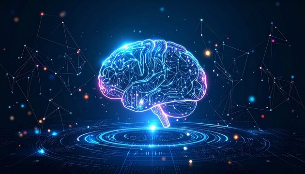 Digital neon brain with glowing neural network nodes on dark tech background.