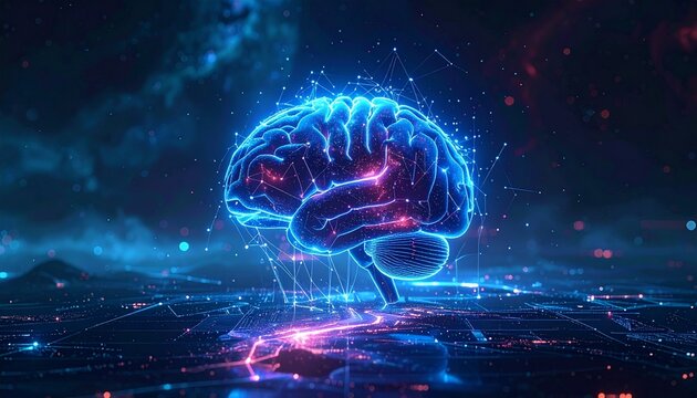Digital neon brain with glowing neural network nodes on dark tech background. - Powered by Adobe