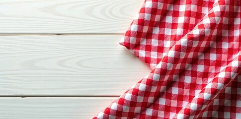 Crisp red and white checkered cloth on light wood surface , clean, event, kitchen