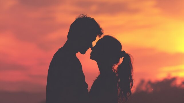 A couple stands close together their silhouettes highlighted against a vibrant sunset sky. The warm colors create a romantic atmosphere as they share an intimate moment outdoors.