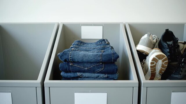 Neatly stacked denim jeans in gray storage bins, showcasing organized clothing arrangement with athletic shoes positioned alongside, illustrating efficient space utilization