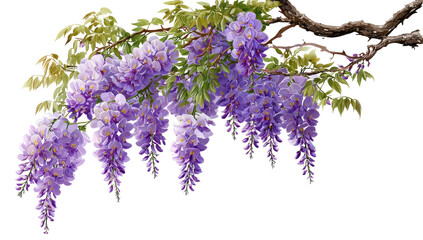 Cascading purple blossoms hang from a tree branch