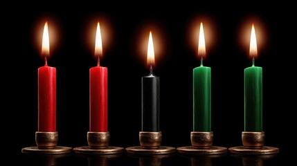Five candles in red, black and green colors burning in darkness
