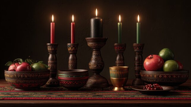 Kwanzaa candles in ethnic holders with apples, pomegranates, fruit bowls, and traditional mat on a dark wooden table