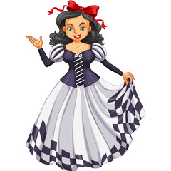 Pixel Art Victorian Woman With Red Bow In Curly Dark Hair Wearing A Black And White Gown With Chess Pattern Skirt And Puff Sleeves Standing With Hand Outstretched