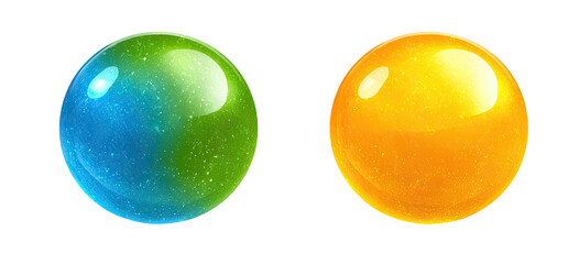 Two glossy, shimmering spheres one blue-green, one yellow-orange