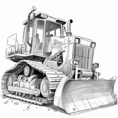 Detailed monochrome illustration of a bulldozer with a large blade on a white background