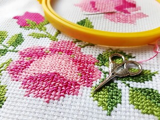 Cross stitched pink flower with scissors and embroidery hoop close up