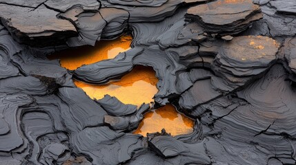 A close-up view of a volcanic rock formation with a cracked and textured surface, revealing a pool of orange-yellow molten rock.