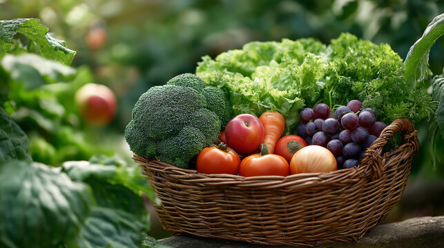 Basket of Abundance: A rustic basket overflows with vibrant, fresh produce, embodying the essence of healthy eating and the bounty of nature.