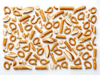 Overhead shot of pretzel snacks scattered on a white surface.
