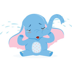 Sad Little Blue Elephant Crying with Tears and Pink Ears Sitting Down on Transparent Background