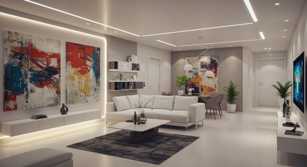 Modern living room design with vibrant art and stylish furniture creates a welcoming and sophisticated atmosphere for relaxation and refined living