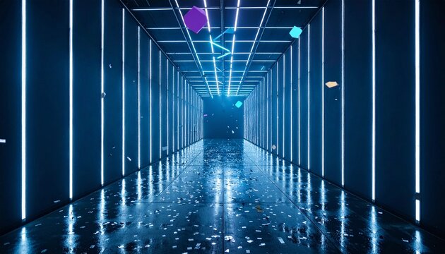 Futuristic neon corridor with vertical light bars, confetti-covered reflective floor, and floating geometric shapes.