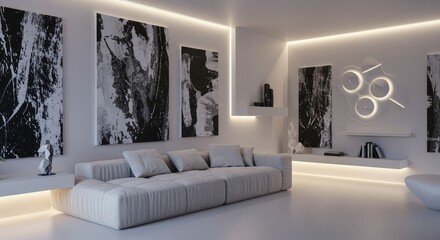 Experience modern living with this stunning minimalist interior showcasing artistic flair and a tranquil ambiance, perfect for home decor inspiration and design projects