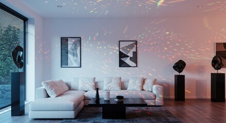 Stylish living room bathed in magical disco lights offers a vibrant and modern touch for your next project, perfect for celebrations or adding a splash of fun