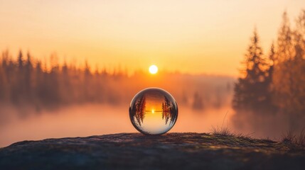 A glass ball with a reflection of a forest and sunrise.