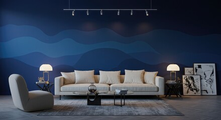 Stylish modern living room interior with cozy sofa, elegant lighting, and unique wave-patterned wall for ultimate relaxation and sophisticated home decor inspiration
