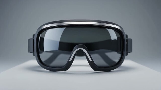 Close-up of dark ski goggles with a silver frame resting on a white surface against a light gray background.