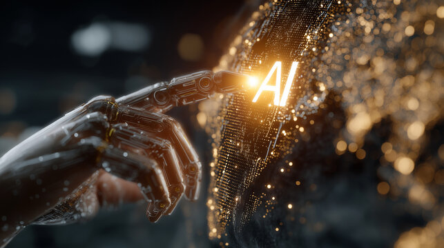 AI Connection: A captivating futuristic image of a robotic finger almost touching the glowing AI text with abstract digital particles in a dark environment.