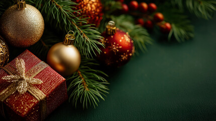 Festive Greetings: An inviting arrangement of ornaments and a beautifully wrapped gift. Evoking the warmth and excitement of the Christmas season.