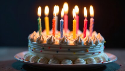 Multicolored candles illuminate frosted birthday cake, joyful, stock photo, confectionery
