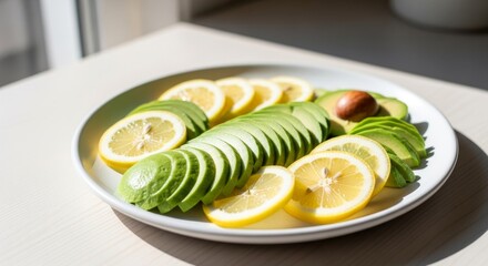 Plate of Sliced Lemons and Avocados on White Table.