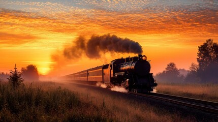 A black steam train moves through a field at sunrise.
