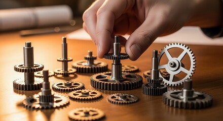 Assembling Gears: Hand precision placement with Metal Cogs close-up 