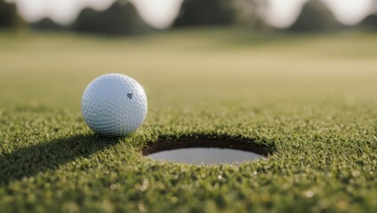 Golf ball near the hole on a green golf course.