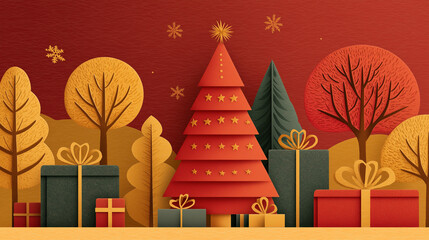 Festive Season Illustration: A warm Christmas illustration, filled with trees, gifts, and a star-topped tree. Expressing the joy of the holiday season. 