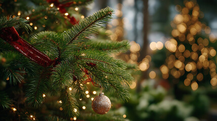 Holiday's Festive: A close-up shot of a decorated Christmas tree with ornaments and lights, creating a warm, inviting atmosphere and capturing the spirit of the holiday season.