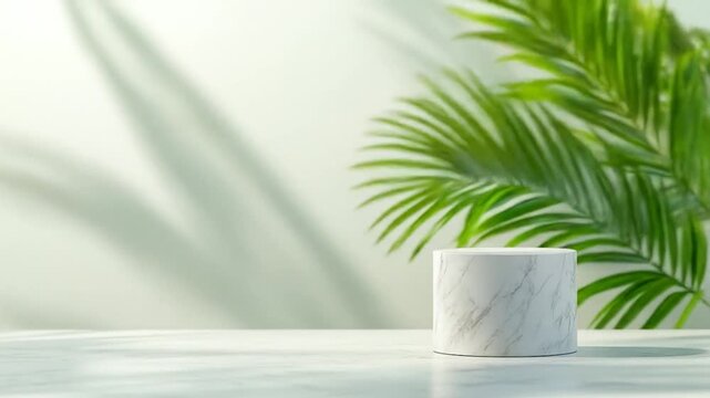 Elegant marble podium on table with palm leaf shadows and green foliage background