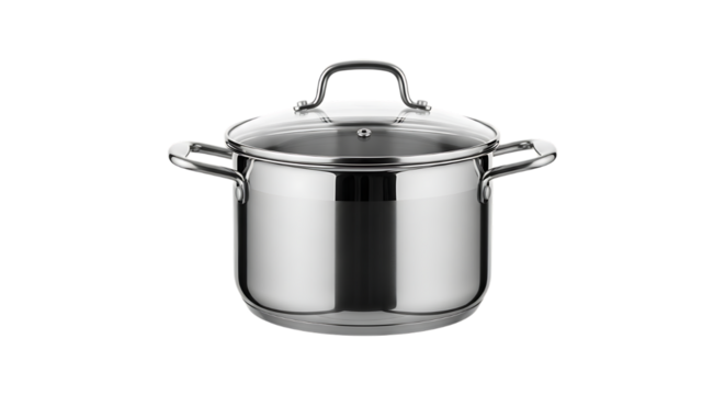 Stainless steel cooking pot with glass lid isolated on transparent background