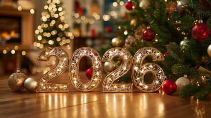 Bold, golden 3D “2026” shines with a sparkling reflective finish. Happy New Year, Happy New Year 2026, and Merry Christmas and Happy New Year.