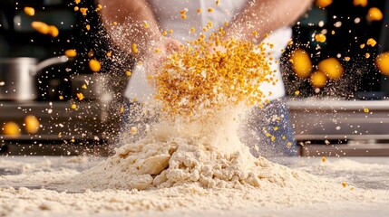 A chef in a white shirt is tossing corn kernels into a pile of flour.