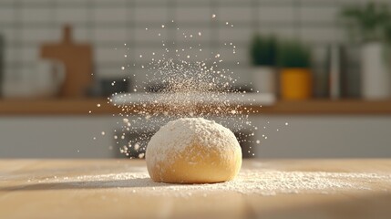 A golden brown dough ball is being dusted with flour, creating a cloud of white particles against a blurred kitchen background.